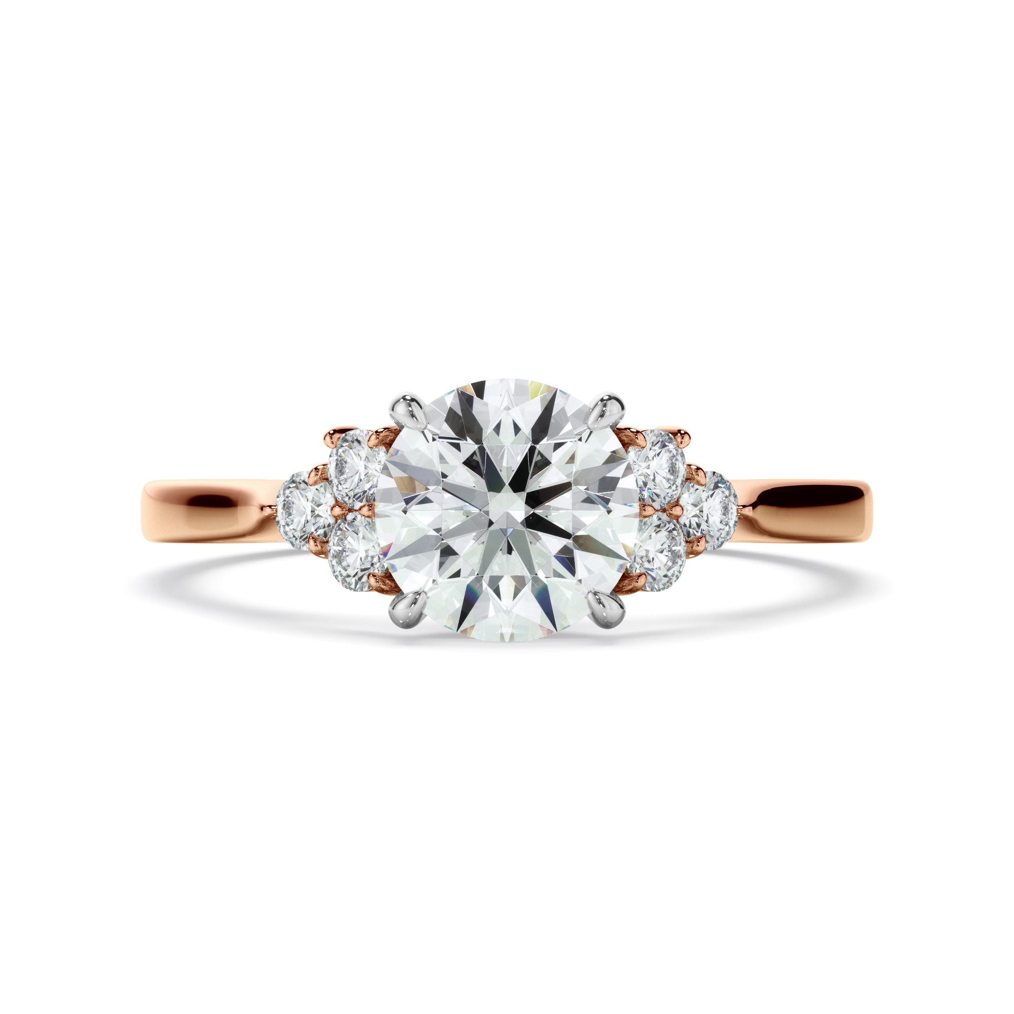 Round Brilliant Cut Diamond Engagement Ring With Diamond Cluster Sides