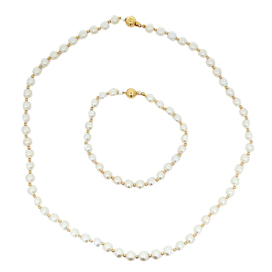 14ct Yellow Gold Anastasia Pearl Necklace and Pearl Bracelet