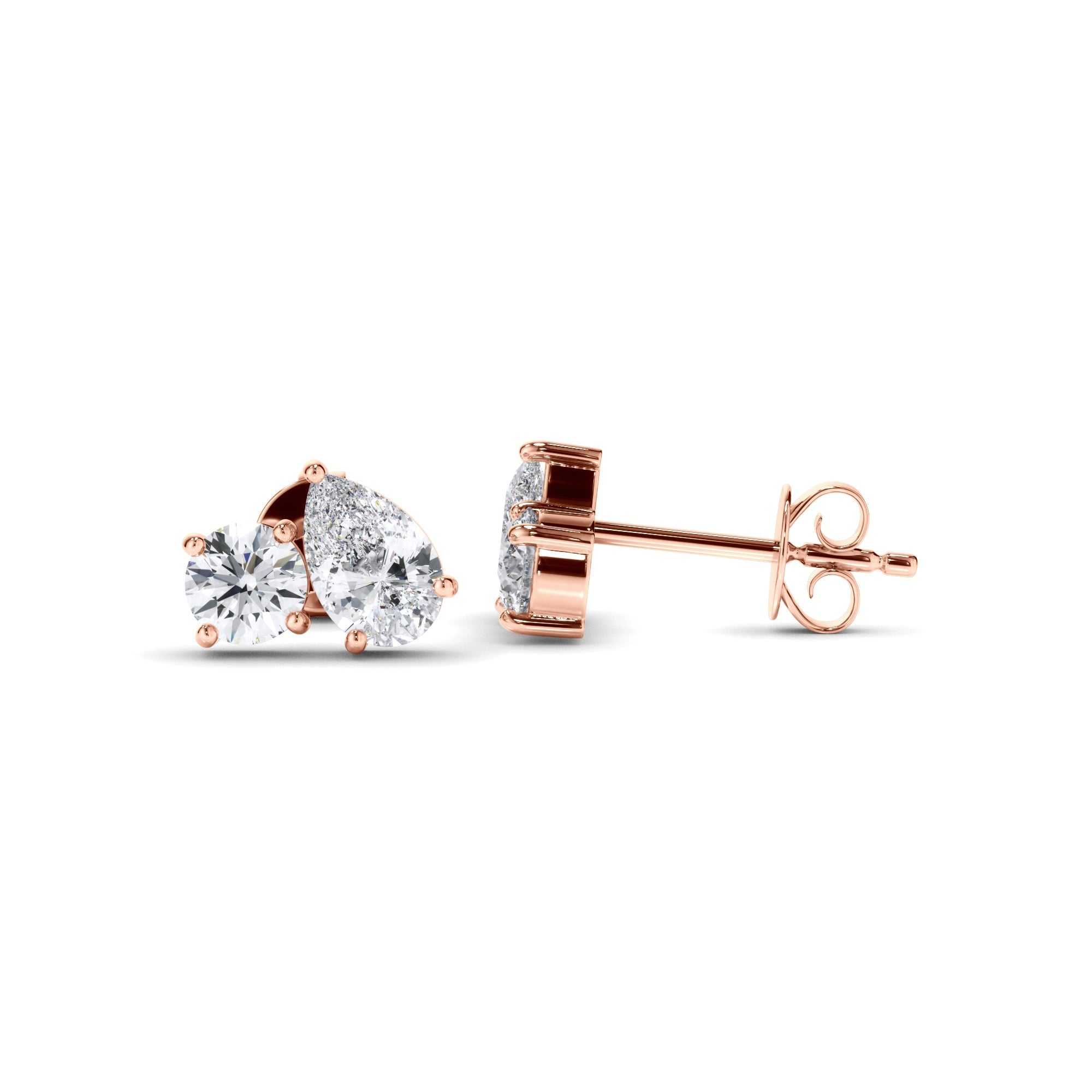 Pear & Round Brilliant Cut Diamond Toi et Moi Stud Earrings